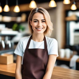 A charming and attractive female barista with a warm smile, serving coffee in a cozy, modern café