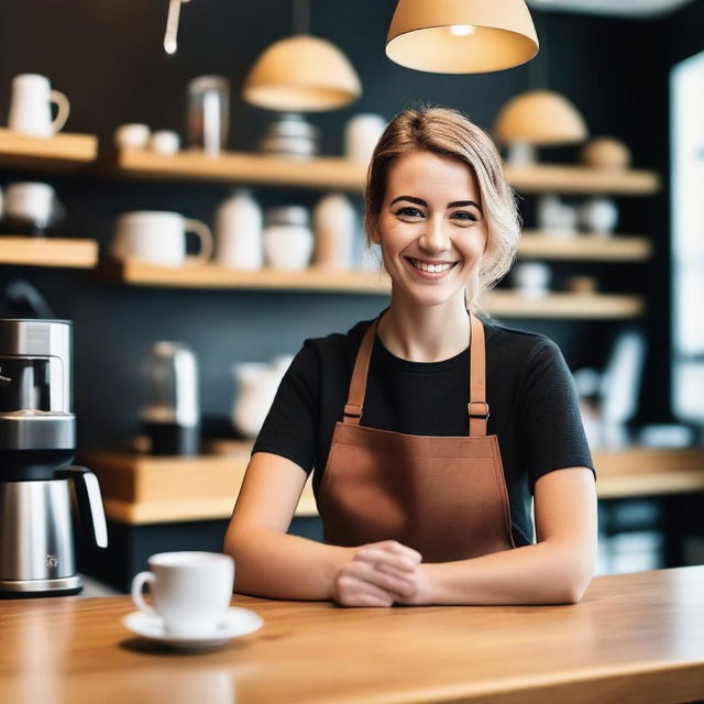 A charming and attractive female barista with a warm smile, serving coffee in a cozy, modern café