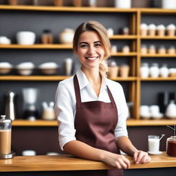 A charming and attractive female barista with a warm smile, serving coffee in a cozy, modern café