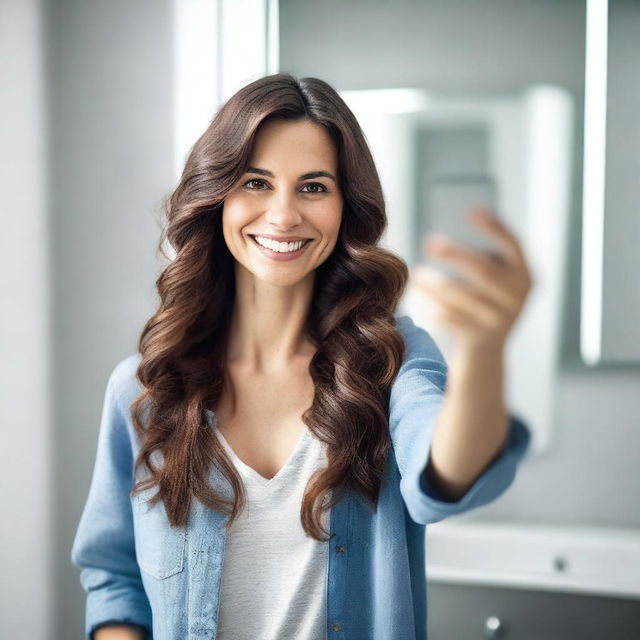 An ultra-realistic image of an attractive brunette woman taking a mirror selfie