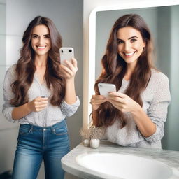 An ultra-realistic image of an attractive brunette woman taking a mirror selfie