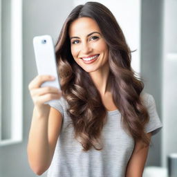 An ultra-realistic image of an attractive brunette woman taking a mirror selfie