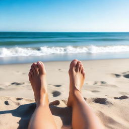 A photo of the beach showing only a pair of knees in the foreground