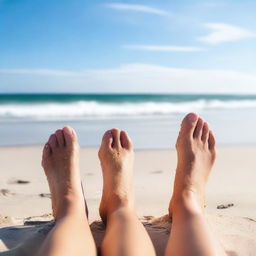 A photo of the beach showing only a pair of knees in the foreground