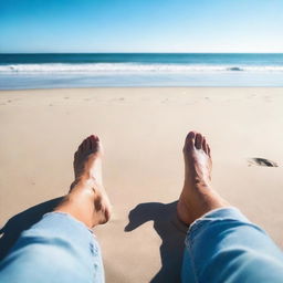 A photo of the beach showing only a pair of knees in the foreground