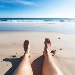 A photo of the beach showing only a pair of knees in the foreground