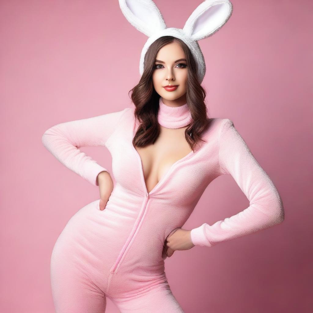 A beautiful woman wearing a cute bunny skinsuit, posing confidently