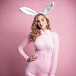 A beautiful woman wearing a cute bunny skinsuit, posing confidently