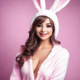 A beautiful woman wearing a cute bunny skinsuit, posing confidently