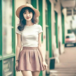 A cute woman wearing a short skirt, captured with a vintage filter