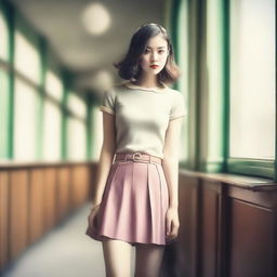 A cute woman wearing a short skirt, captured with a vintage filter