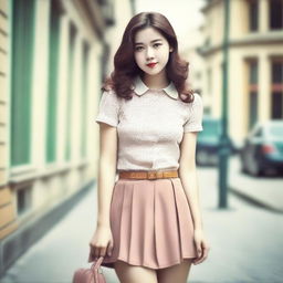 A cute woman wearing a short skirt, captured with a vintage filter