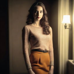 A cute young woman wearing a pencil skirt, indoors with dim lighting