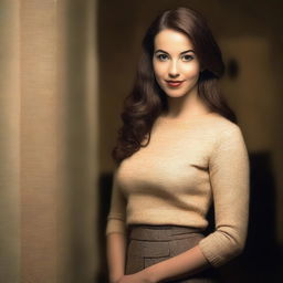 A cute young woman wearing a pencil skirt, indoors with dim lighting