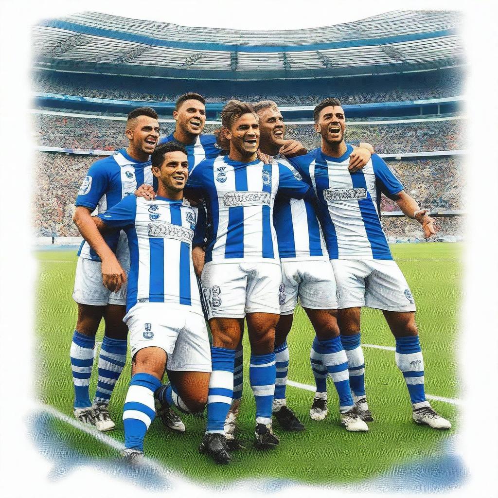 A detailed and vibrant image of the Porto football team, showcasing the players in their iconic blue and white kits, celebrating a victory on the field with a stadium full of cheering fans in the background