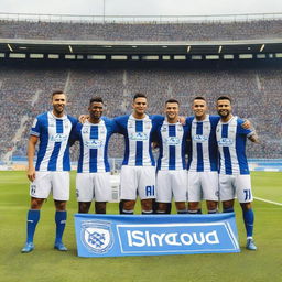 A detailed and vibrant image of the Porto football team, showcasing the players in their iconic blue and white kits, celebrating a victory on the field with a stadium full of cheering fans in the background