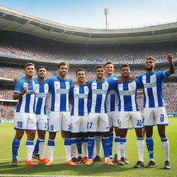 A detailed and vibrant image of the Porto football team, showcasing the players in their iconic blue and white kits, celebrating a victory on the field with a stadium full of cheering fans in the background