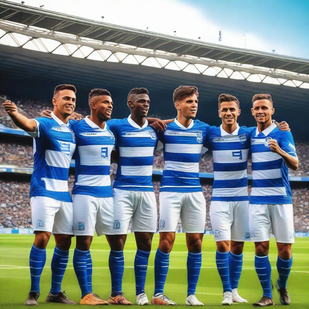 A detailed and vibrant image of the Porto football team, showcasing the players in their iconic blue and white kits, celebrating a victory on the field with a stadium full of cheering fans in the background