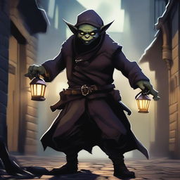 A cunning goblin rogue, clad in dark, tattered clothing and armed with a pair of gleaming daggers