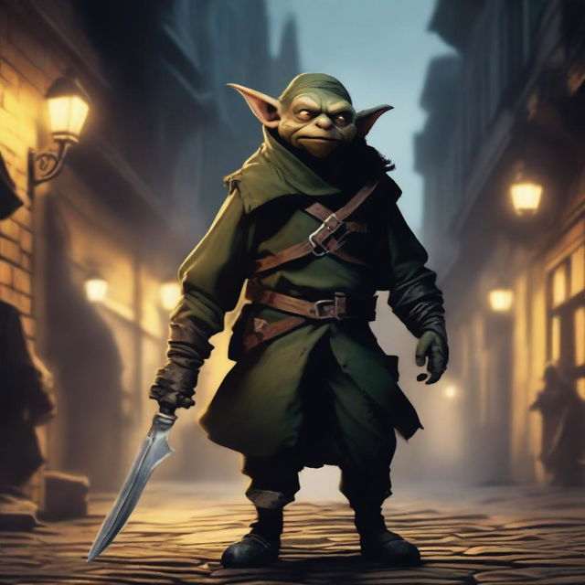 A cunning goblin rogue, clad in dark, tattered clothing and armed with a pair of gleaming daggers