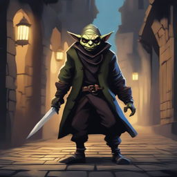 A cunning goblin rogue, clad in dark, tattered clothing and armed with a pair of gleaming daggers