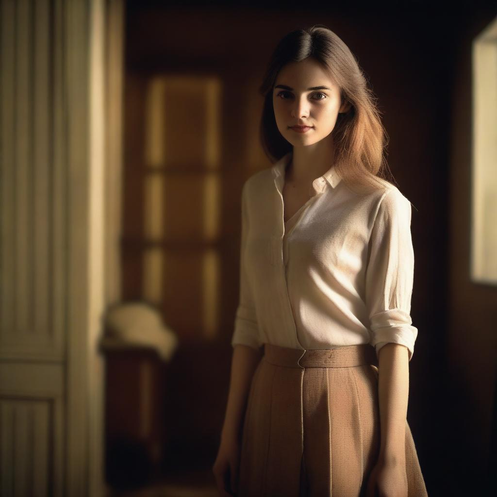 A cute young woman wearing a buttoned blouse and a pleated skirt, standing in a dimly lit indoor setting