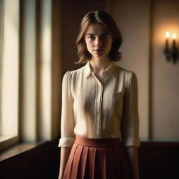 A cute young woman wearing a buttoned blouse and a pleated skirt, standing in a dimly lit indoor setting