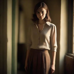 A cute young woman wearing a buttoned blouse and a pleated skirt, standing in a dimly lit indoor setting