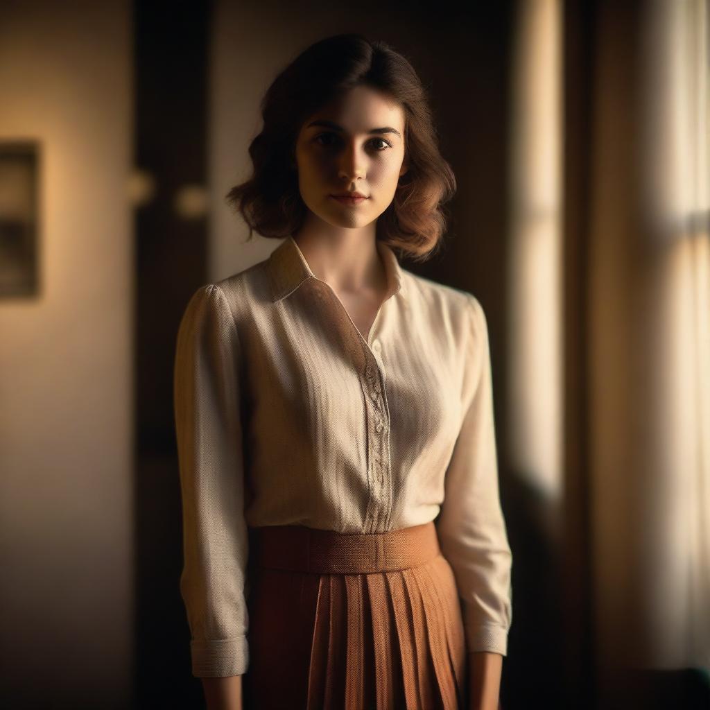 A cute young woman wearing a buttoned blouse and a pleated skirt, standing in a dimly lit indoor setting