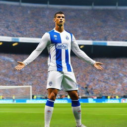 A vivid and realistic image of Cristiano Ronaldo wearing an FC Porto kit, standing proudly on the football field