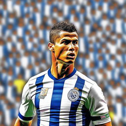 A vivid and realistic image of Cristiano Ronaldo wearing an FC Porto kit, standing proudly on the football field