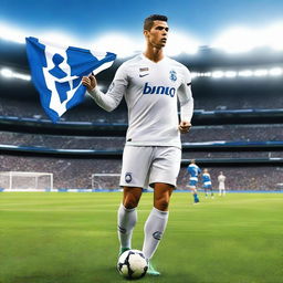 A vivid and realistic image of Cristiano Ronaldo wearing an FC Porto kit, standing proudly on the football field