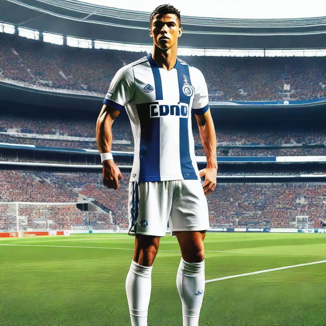 A vivid and realistic image of Cristiano Ronaldo wearing an FC Porto kit, standing proudly on the football field