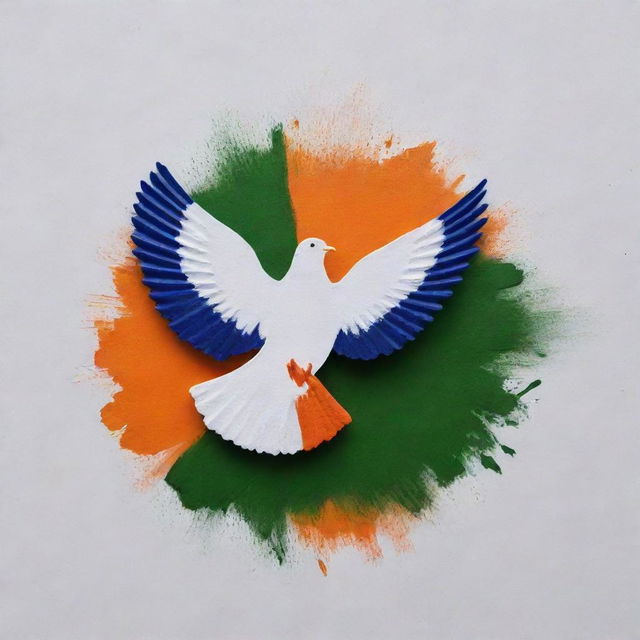 A dove painted in the beautiful tricolors of the Indian flag: a bright saffron on top, clean white in the middle, and deep green on the bottom, also featuring the navy blue Ashoka Chakra in the center.