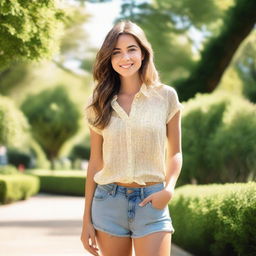 A cute young woman wearing a buttoned blouse and jean shorts is standing in an outdoor setting