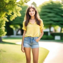 A cute young woman wearing a buttoned blouse and jean shorts is standing in an outdoor setting