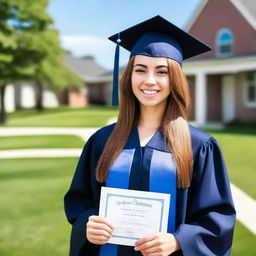 A beautiful girl in a graduation cap and gown is standing outdoors, holding her diploma with a proud smile