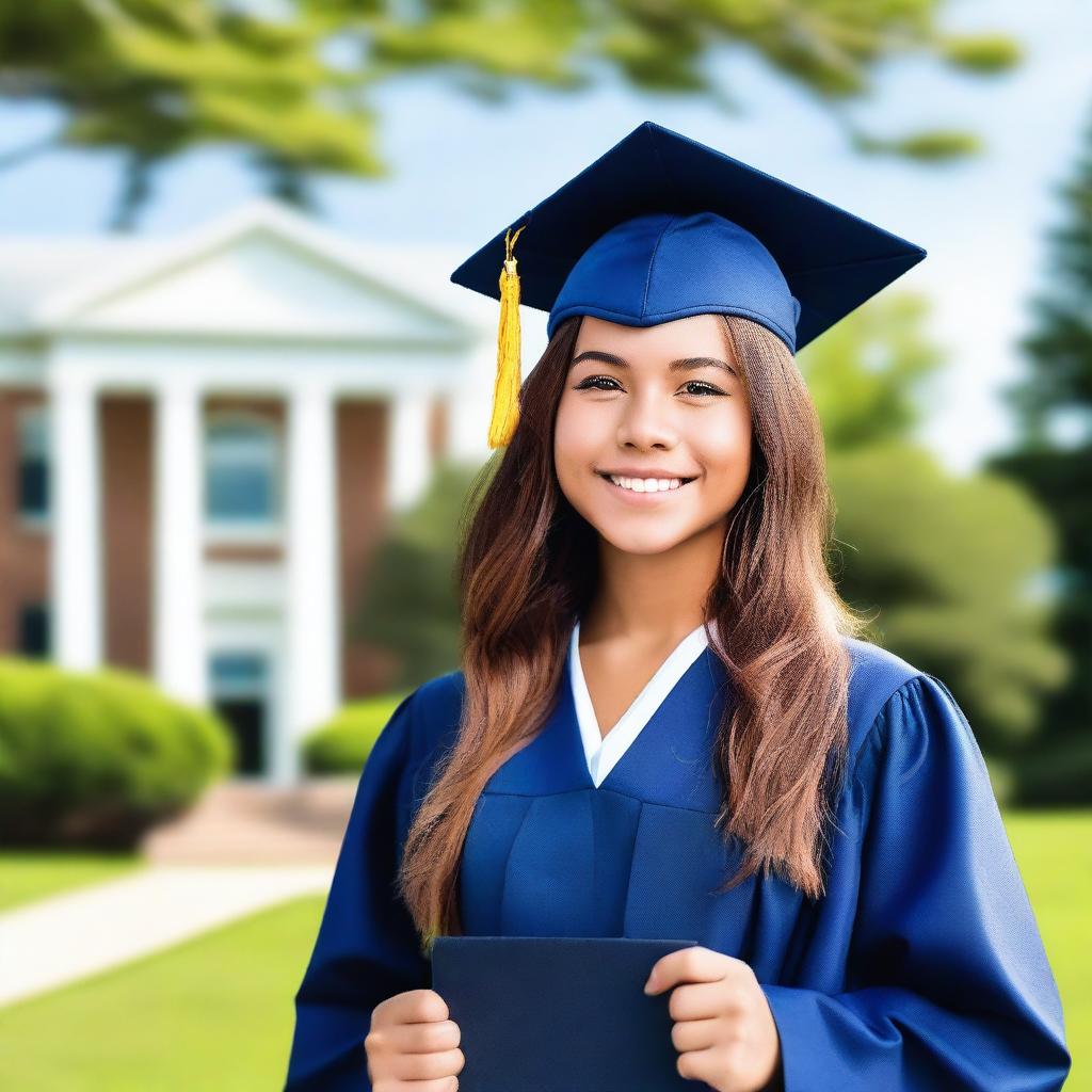 A beautiful girl in a graduation cap and gown is standing outdoors, holding her diploma with a proud smile