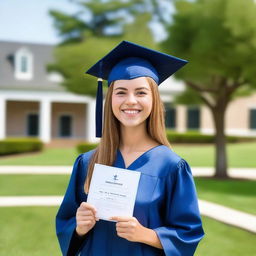 A beautiful girl in a graduation cap and gown is standing outdoors, holding her diploma with a proud smile