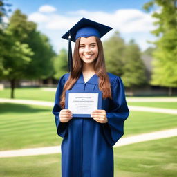 A beautiful girl in a graduation cap and gown is standing outdoors, holding her diploma with a proud smile