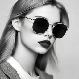 A black-and-white profile picture of a 20-year-old woman wearing stylish sunglasses