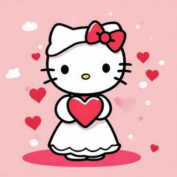 A cute drawing of Hello Kitty wearing a white dress and holding a red heart