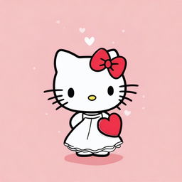 A cute drawing of Hello Kitty wearing a white dress and holding a red heart