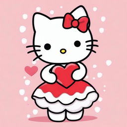 A cute drawing of Hello Kitty wearing a white dress and holding a red heart