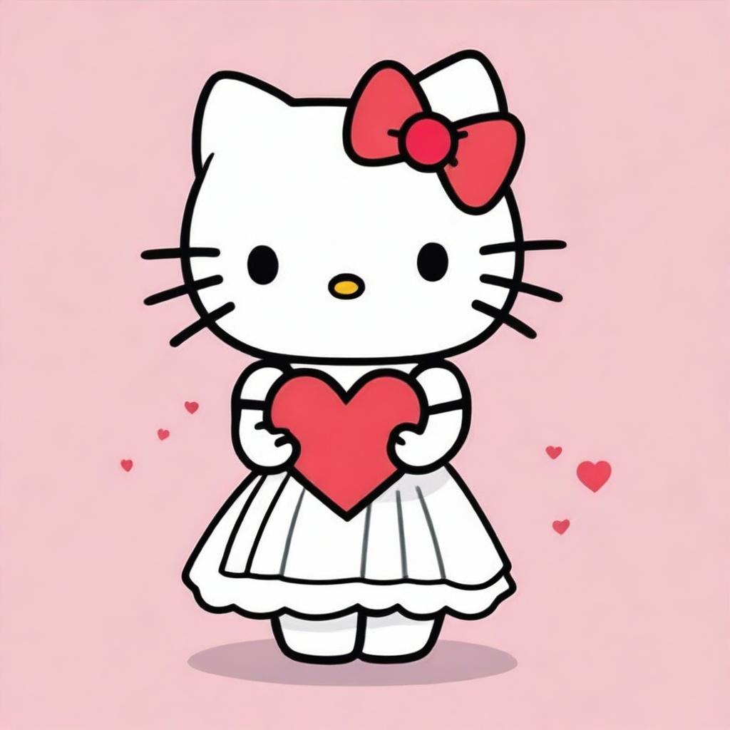 A cute drawing of Hello Kitty wearing a white dress and holding a red heart