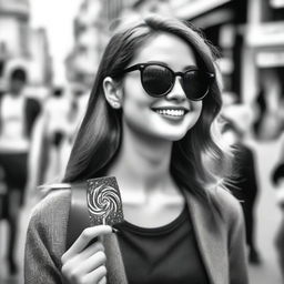 A black-and-white profile picture of a 20-year-old woman wearing stylish sunglasses and smiling while holding a lollipop