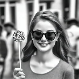 A black-and-white profile picture of a 20-year-old woman wearing stylish sunglasses and smiling while holding a lollipop