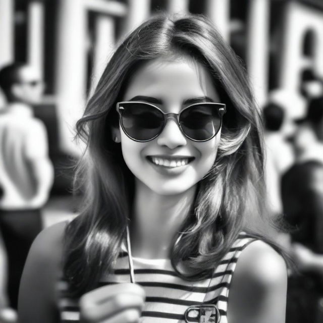 A black-and-white profile picture of a 20-year-old woman wearing stylish sunglasses and smiling while holding a lollipop