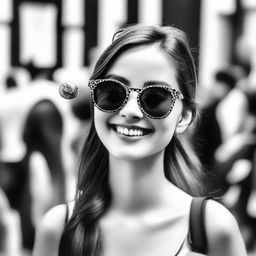 A black-and-white profile picture of a 20-year-old woman wearing stylish sunglasses and smiling while holding a lollipop