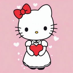 A cute anime-style drawing of Hello Kitty wearing a white dress and holding a red heart